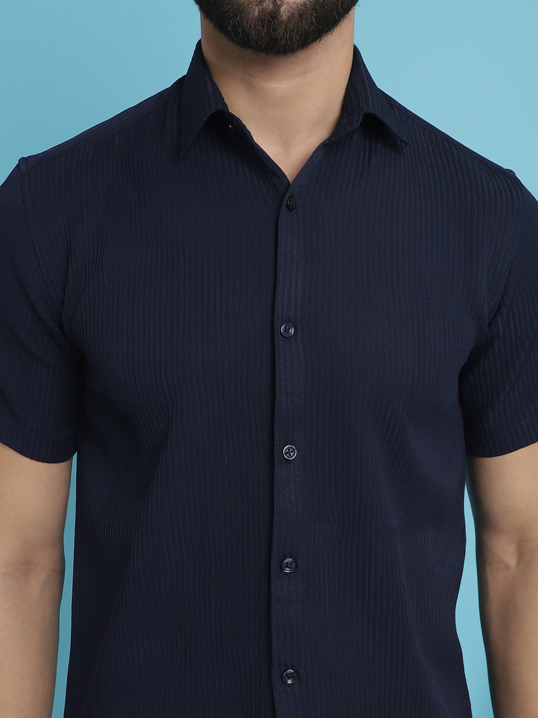 Indian Needle Men's Striped Half Sleeve Casual Shirt - Navy Blue | Swadesiicart