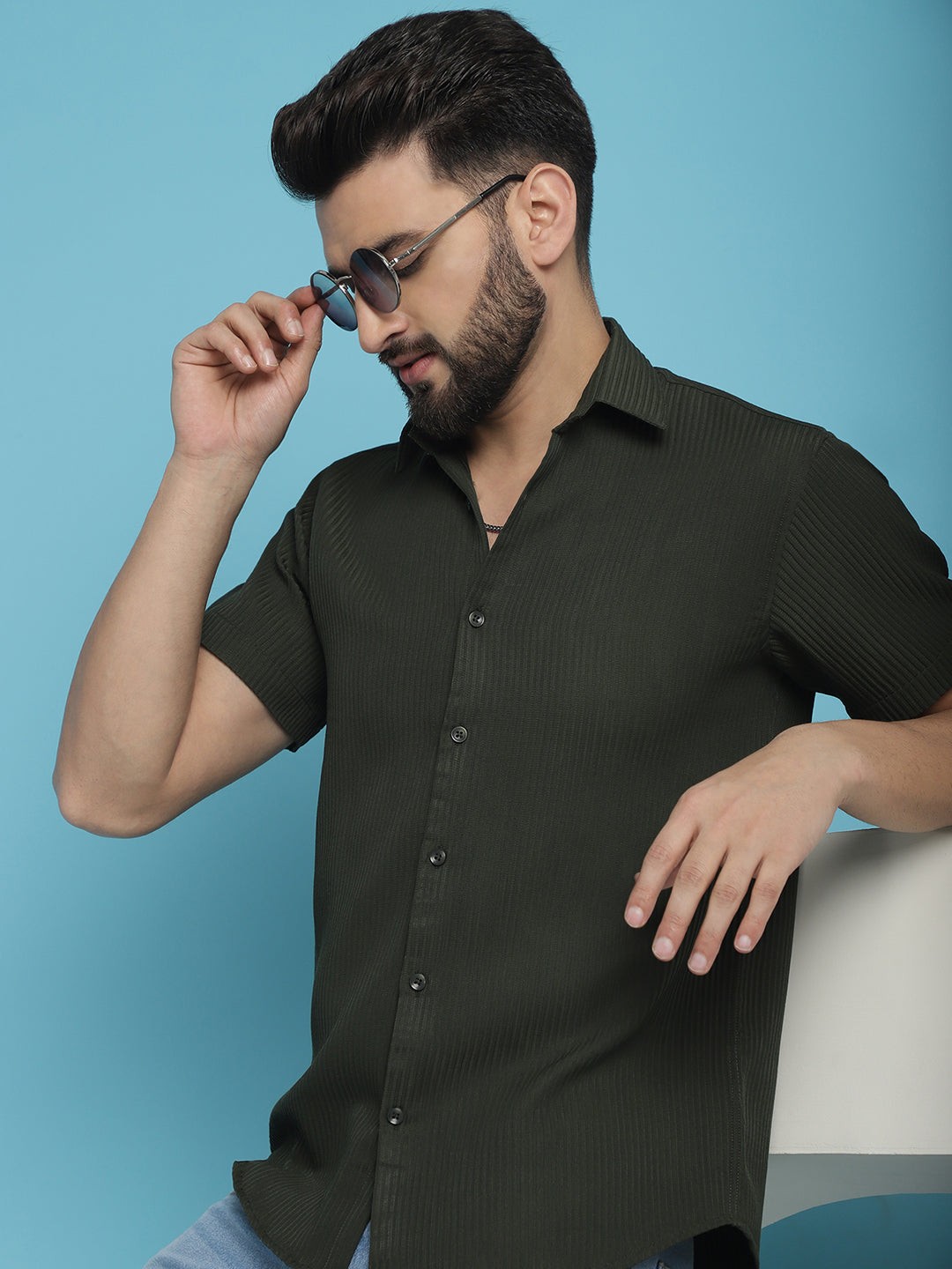 Indian Needle Men's Striped Half Sleeve Casual Shirt - Olive | Swadesiicart