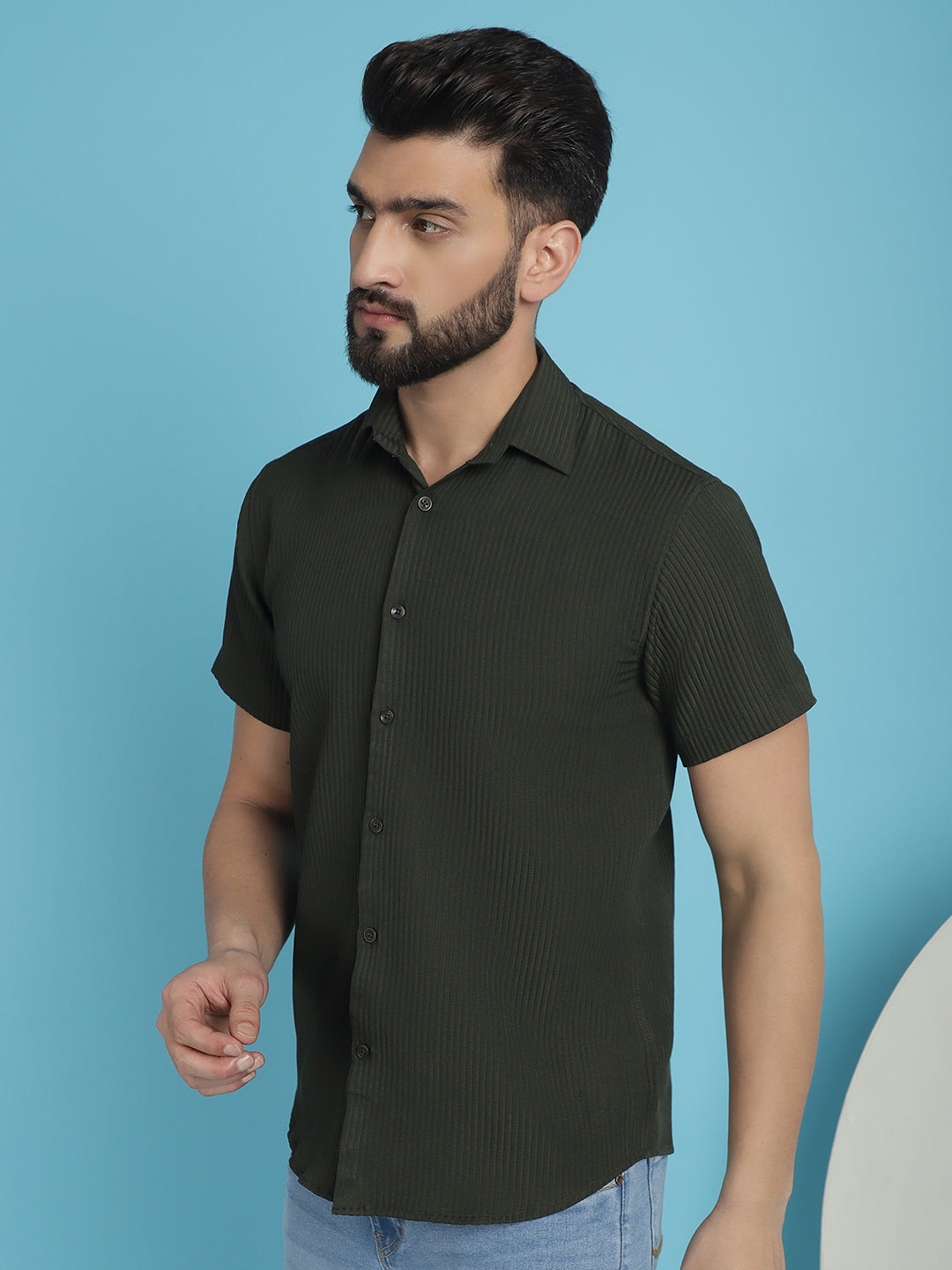 Indian Needle Men's Striped Half Sleeve Casual Shirt - Olive | Swadesiicart