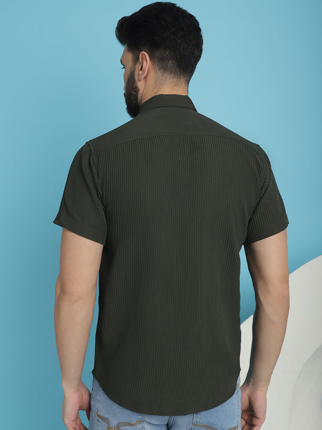 Indian Needle Men's Striped Half Sleeve Casual Shirt - Olive | Swadesiicart