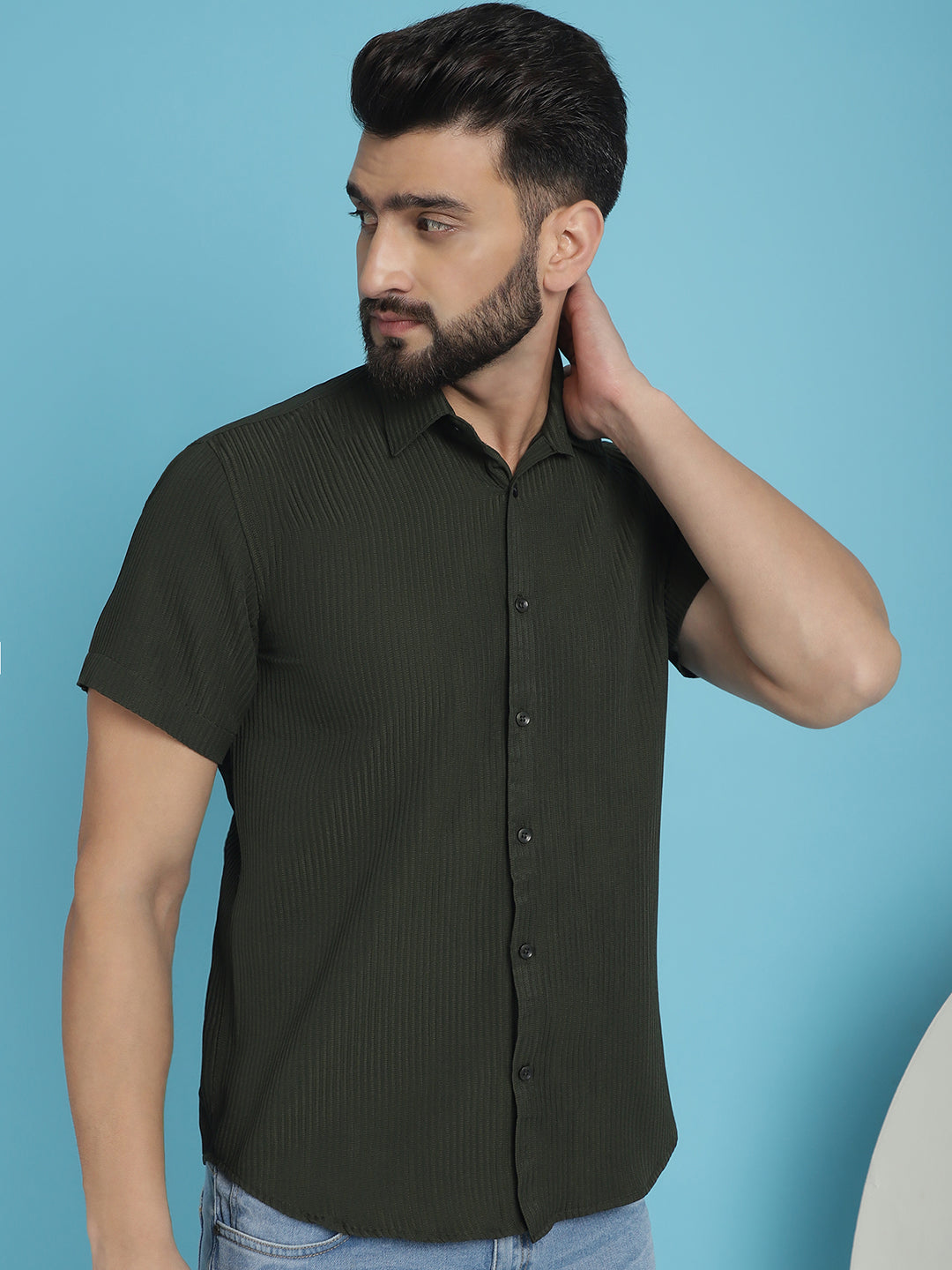 Indian Needle Men's Striped Half Sleeve Casual Shirt - Olive | Swadesiicart