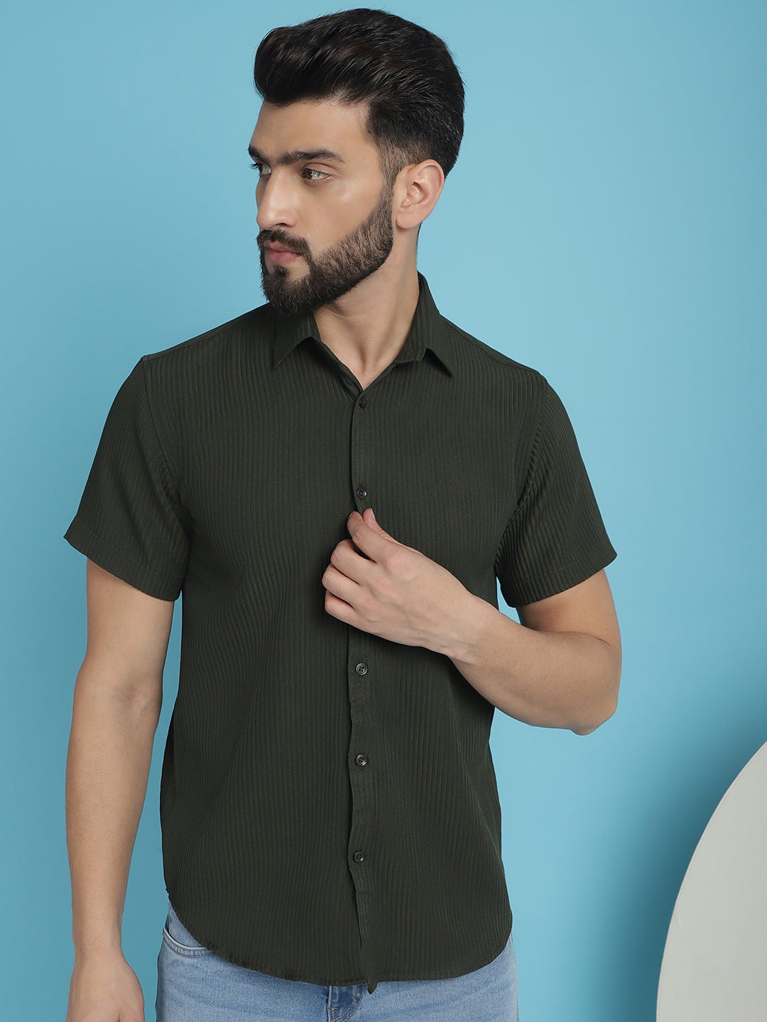 Indian Needle Men's Striped Half Sleeve Casual Shirt - Olive | Swadesiicart