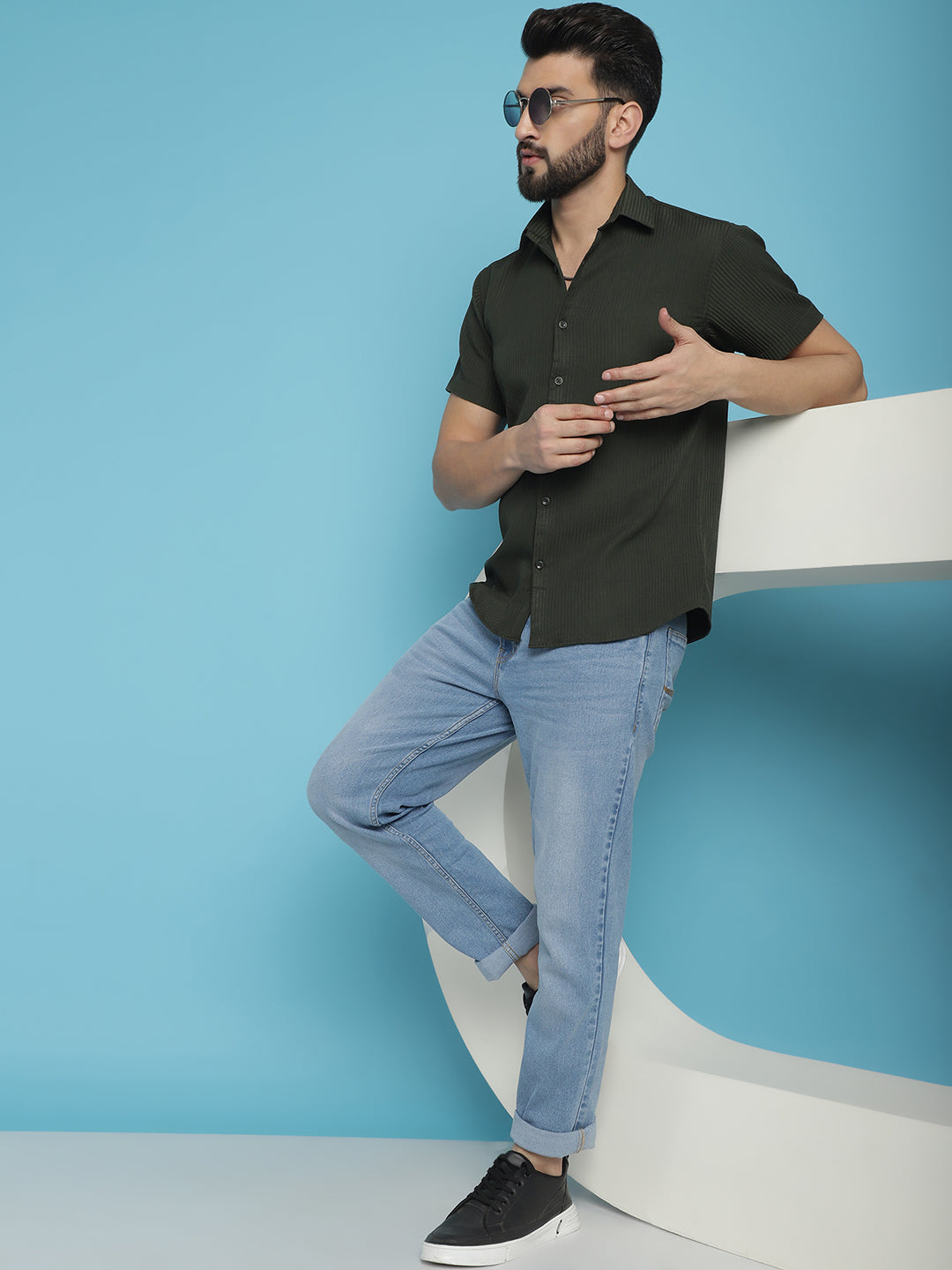 Indian Needle Men's Striped Half Sleeve Casual Shirt - Olive | Swadesiicart