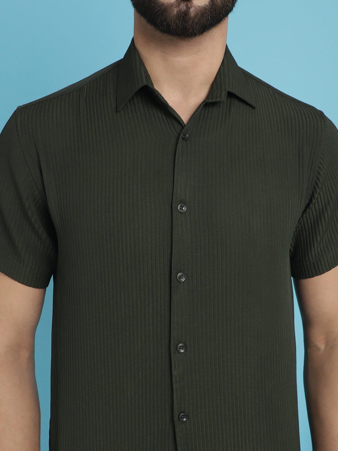 Indian Needle Men's Striped Half Sleeve Casual Shirt - Olive | Swadesiicart
