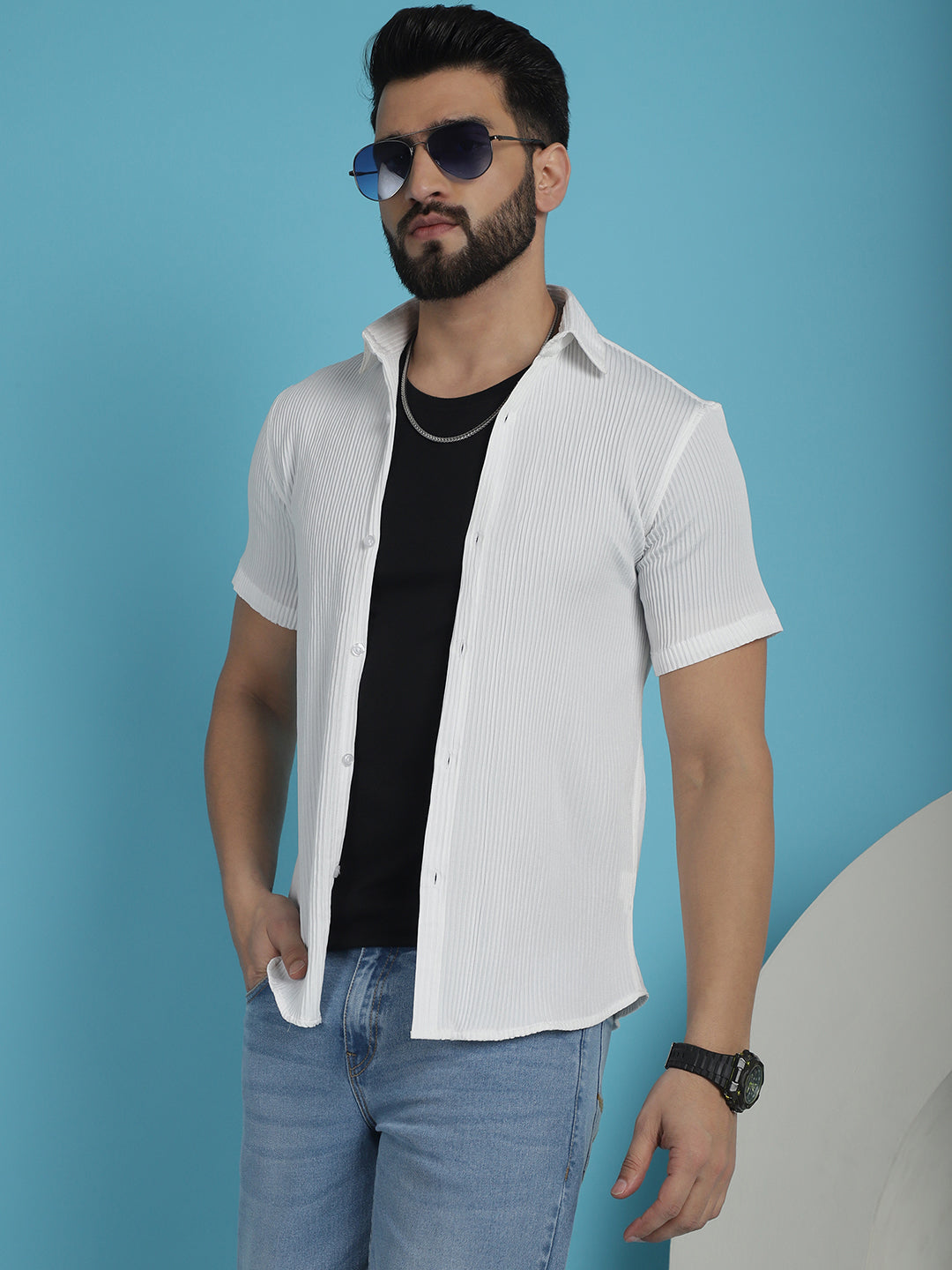 Indian Needle Men's Striped Half Sleeve Casual Shirt - White | Swadesiicart