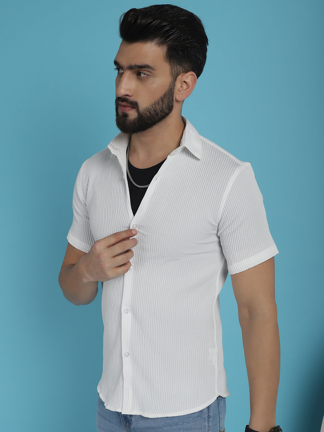 Indian Needle Men's Striped Half Sleeve Casual Shirt - White | Swadesiicart