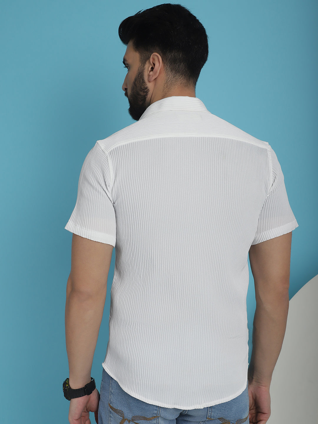 Indian Needle Men's Striped Half Sleeve Casual Shirt - White | Swadesiicart
