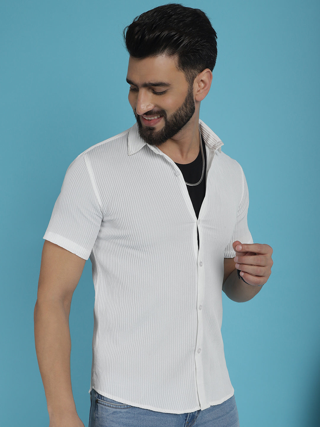 Indian Needle Men's Striped Half Sleeve Casual Shirt - White | Swadesiicart