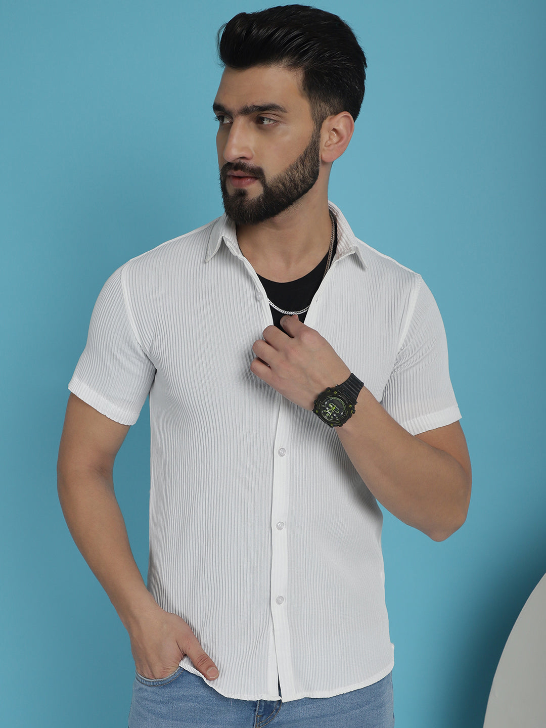 Indian Needle Men's Striped Half Sleeve Casual Shirt - White | Swadesiicart