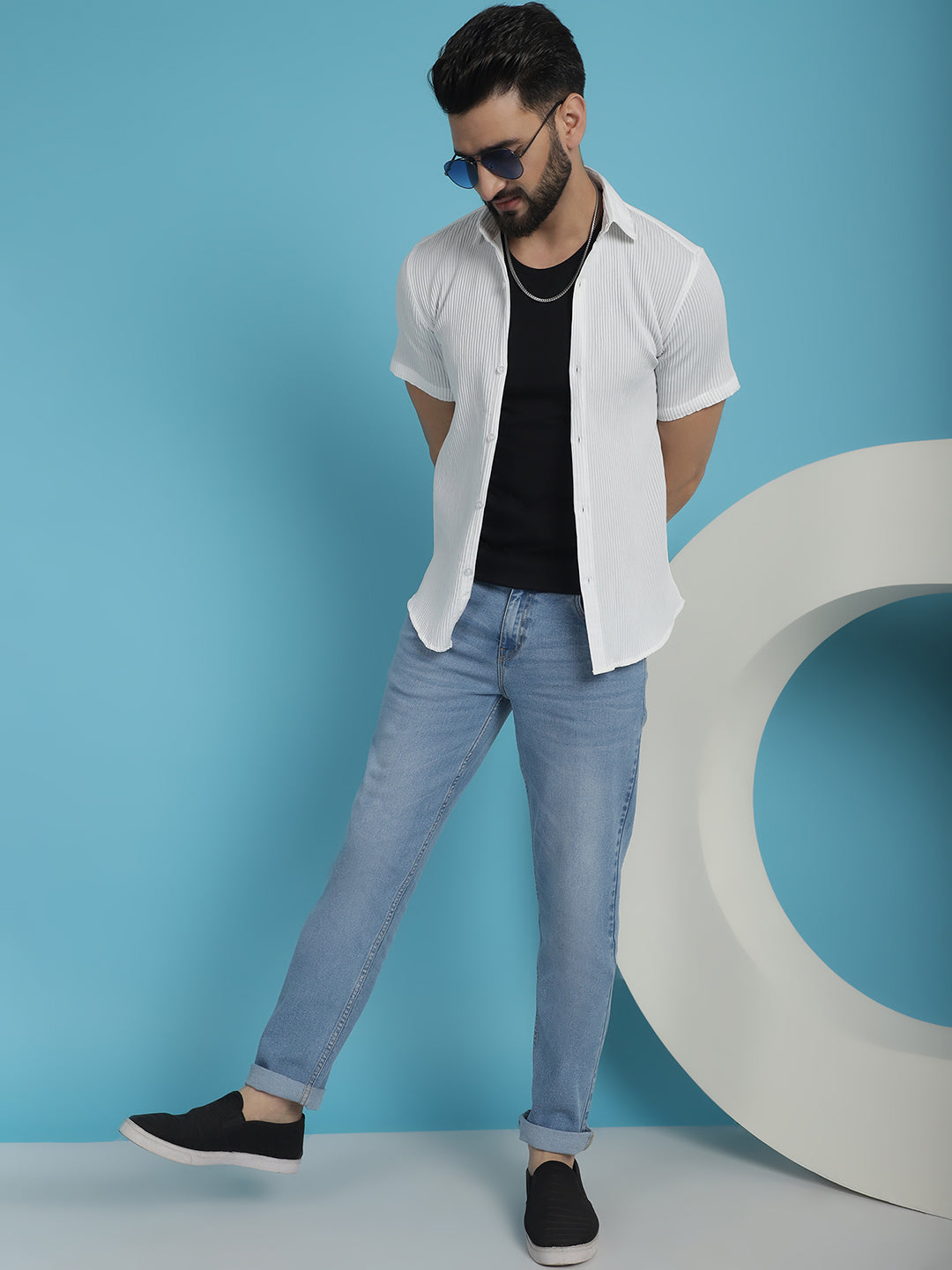Indian Needle Men's Striped Half Sleeve Casual Shirt - White | Swadesiicart