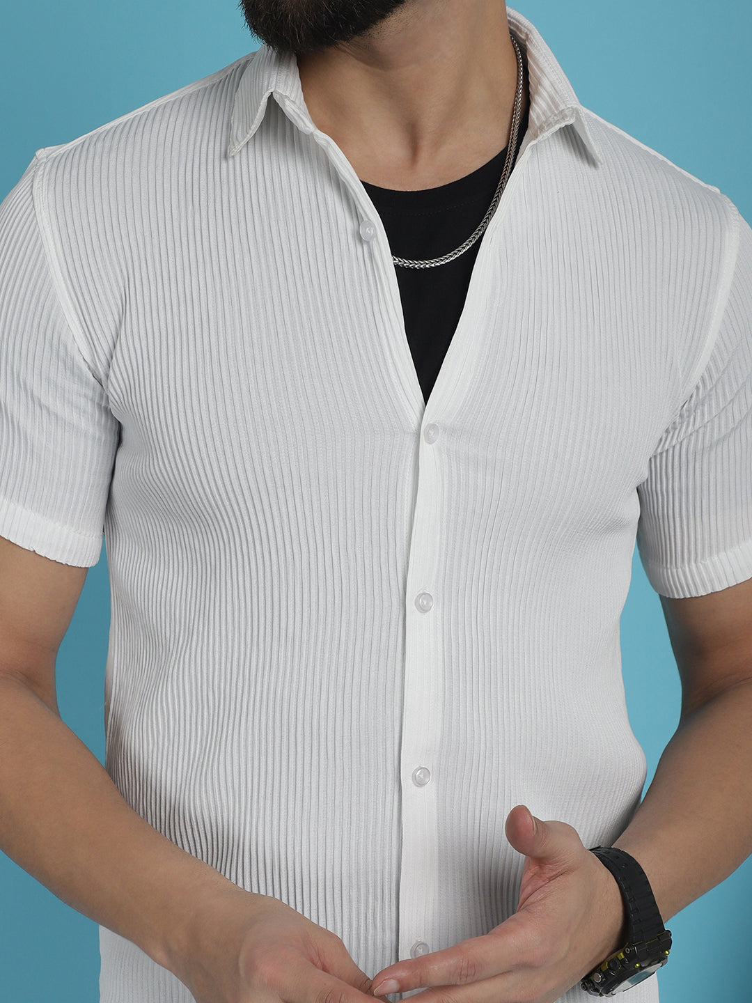 Indian Needle Men's Striped Half Sleeve Casual Shirt - White | Swadesiicart