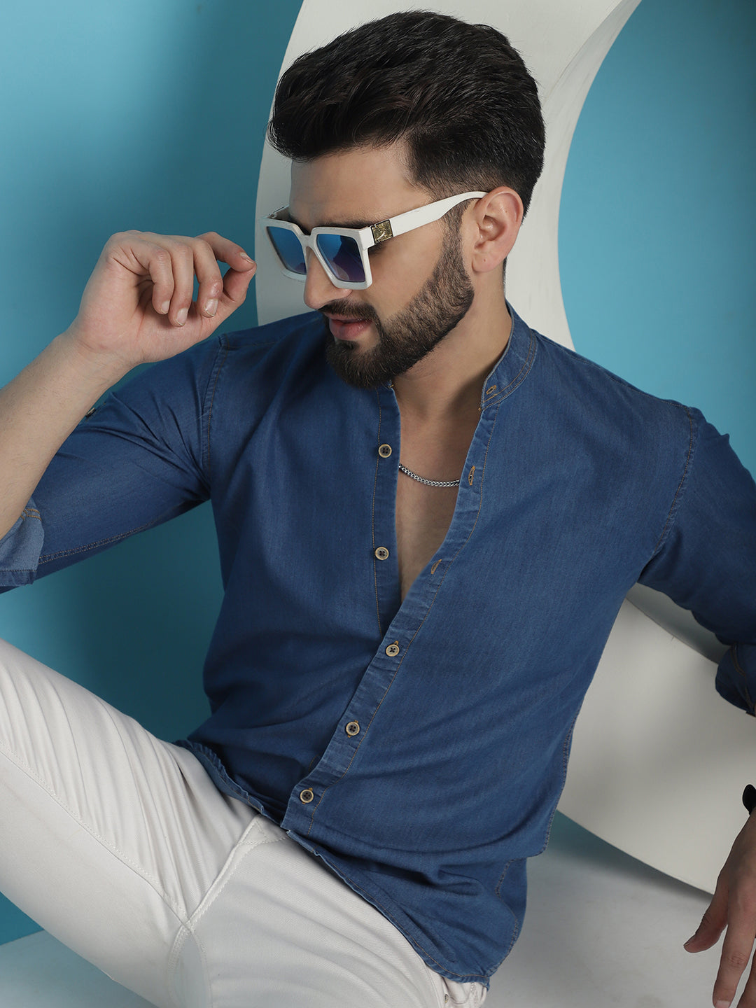 Indian Needle Men's Denim Casual Shirt - Blue | Swadesiicart