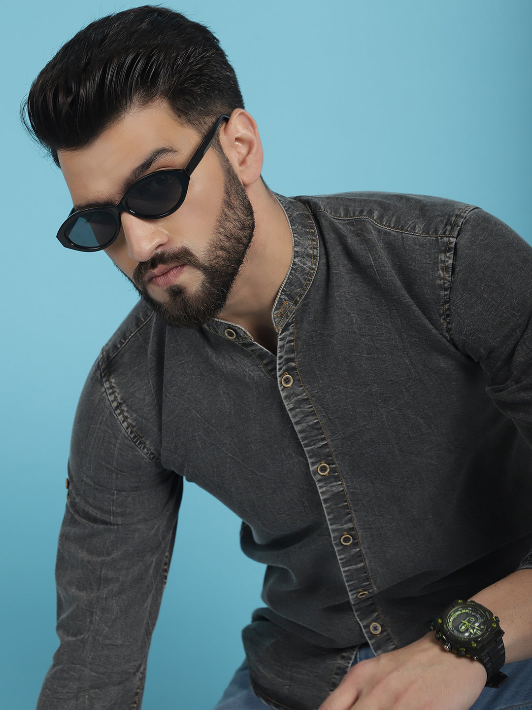 Indian Needle Men's Denim Casual Shirt - Charcoal | Swadesiicart