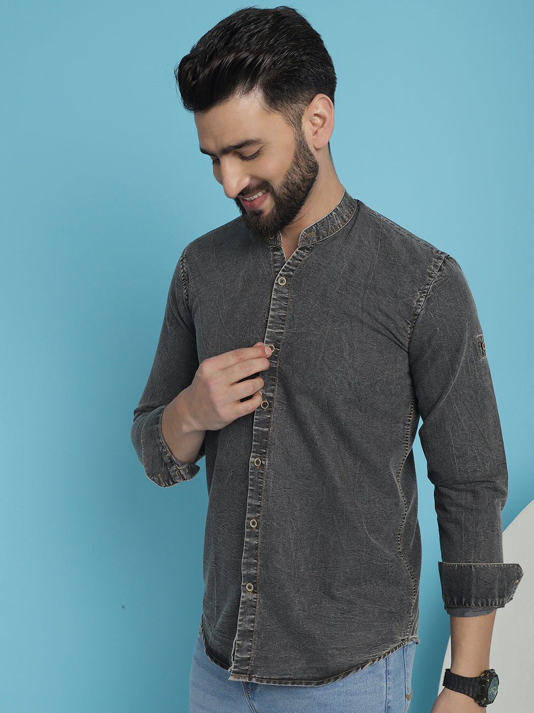Indian Needle Men's Denim Casual Shirt - Charcoal | Swadesiicart