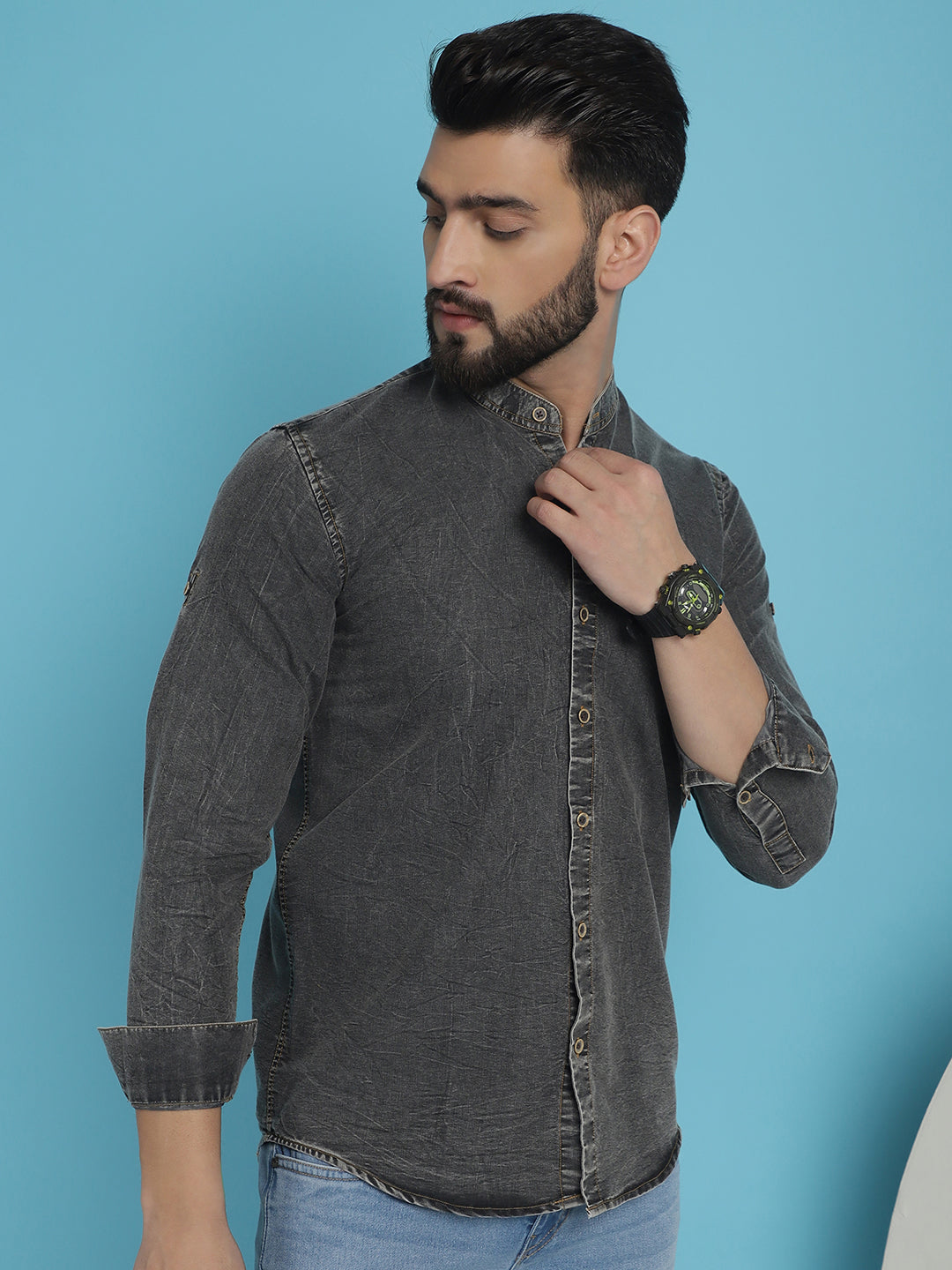 Indian Needle Men's Denim Casual Shirt - Charcoal | Swadesiicart