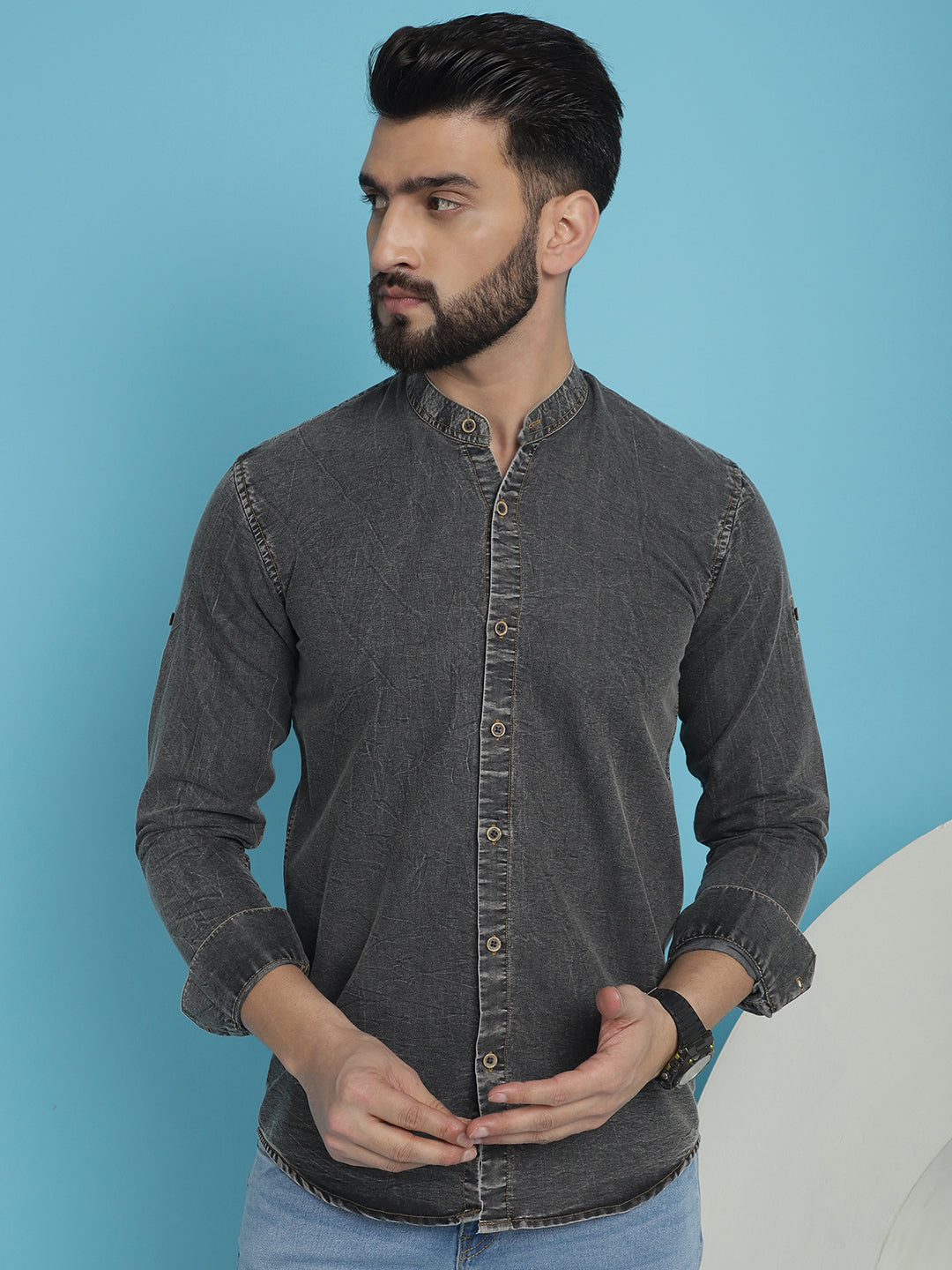 Indian Needle Men's Denim Casual Shirt - Charcoal | Swadesiicart