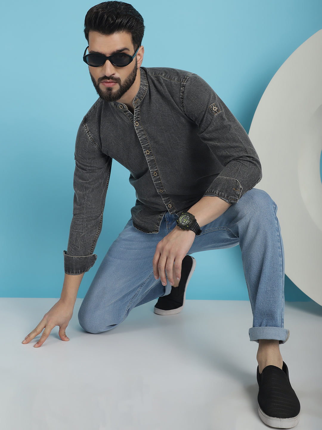 Indian Needle Men's Denim Casual Shirt - Charcoal | Swadesiicart