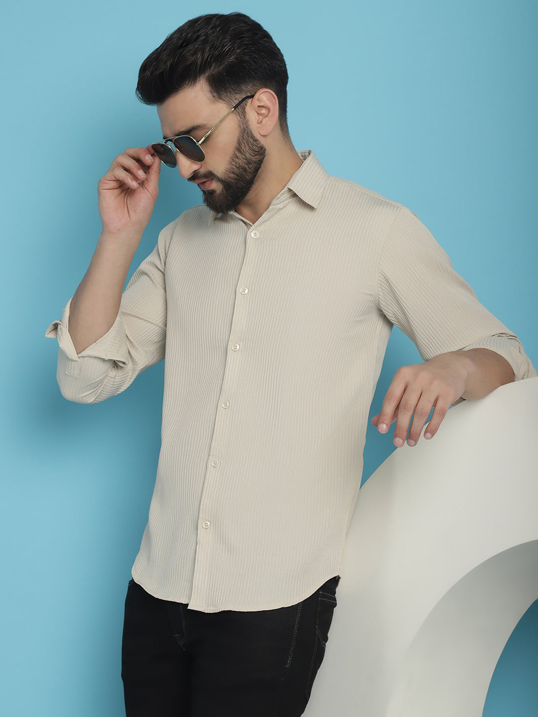Indian Needle Men's Striped Casual Shirt - Cream | Swadesiicart