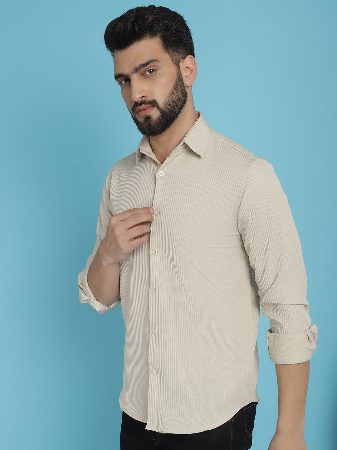 Indian Needle Men's Striped Casual Shirt - Cream | Swadesiicart