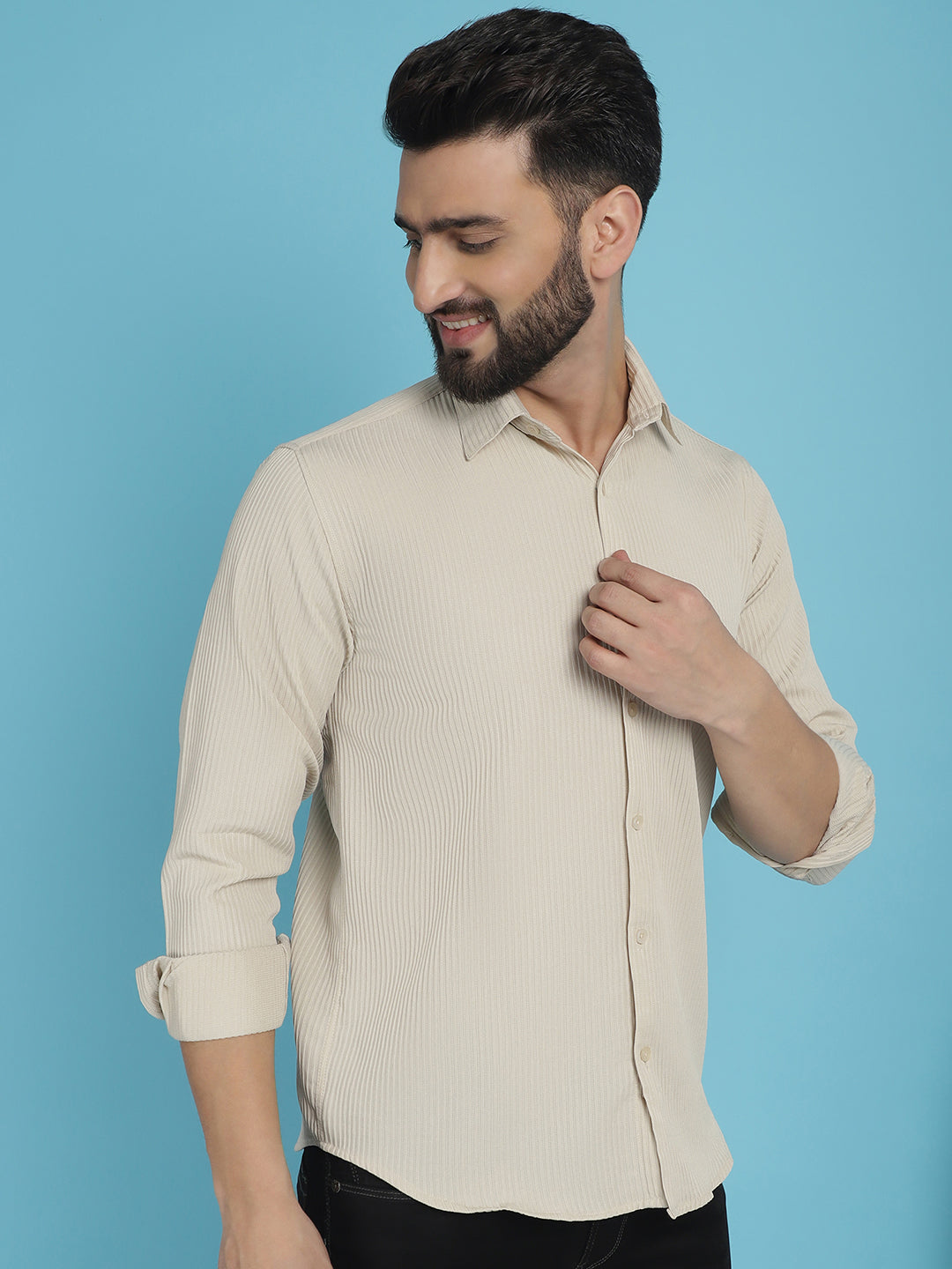 Indian Needle Men's Striped Casual Shirt - Cream | Swadesiicart