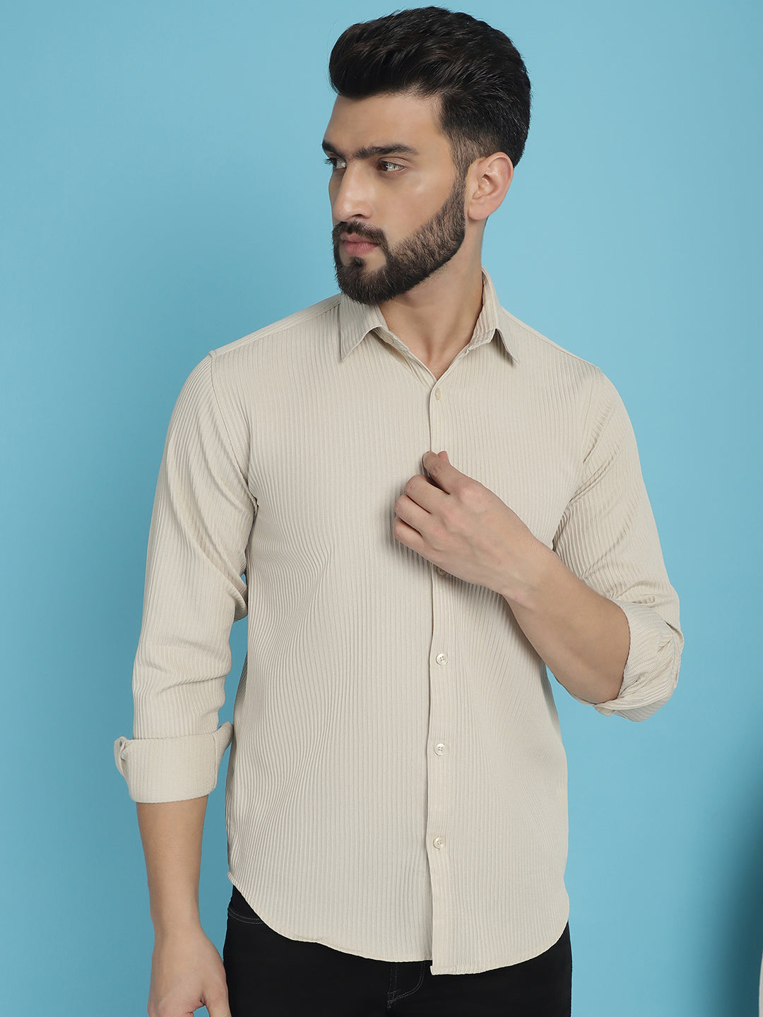 Indian Needle Men's Striped Casual Shirt - Cream | Swadesiicart