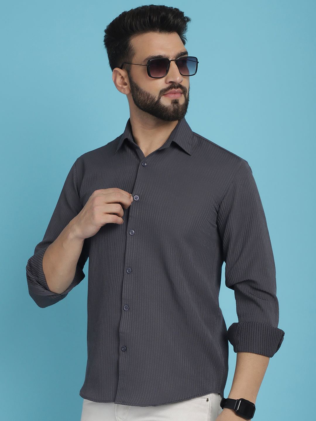 Indian Needle Men's Striped Casual Shirt - Grey | Swadesiicart