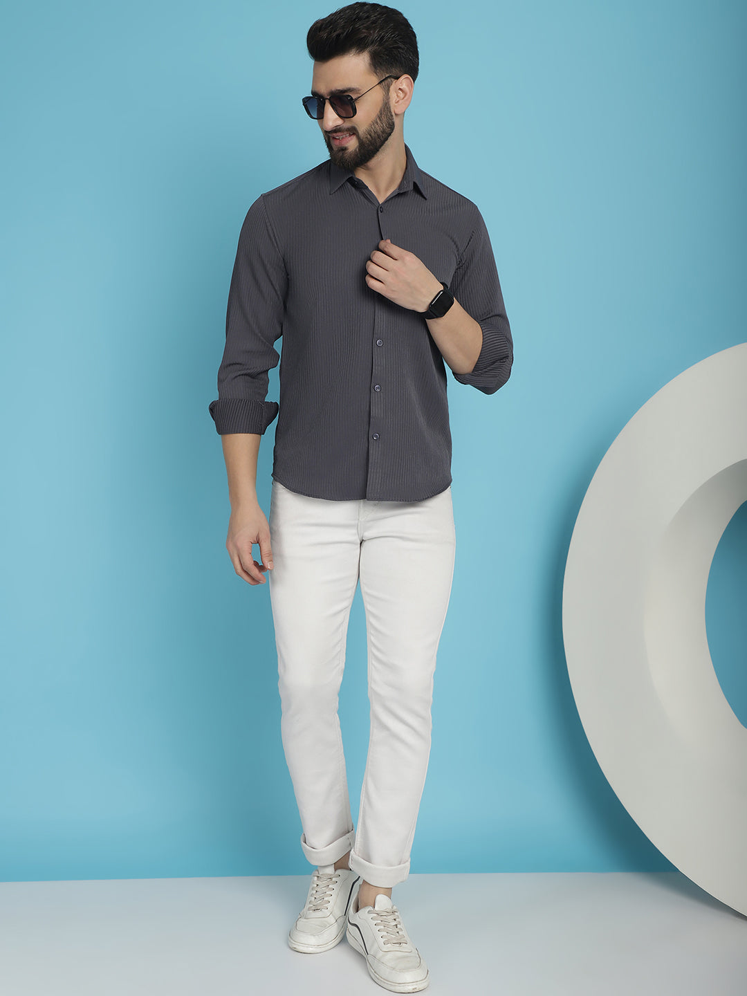 Indian Needle Men's Striped Casual Shirt - Grey | Swadesiicart