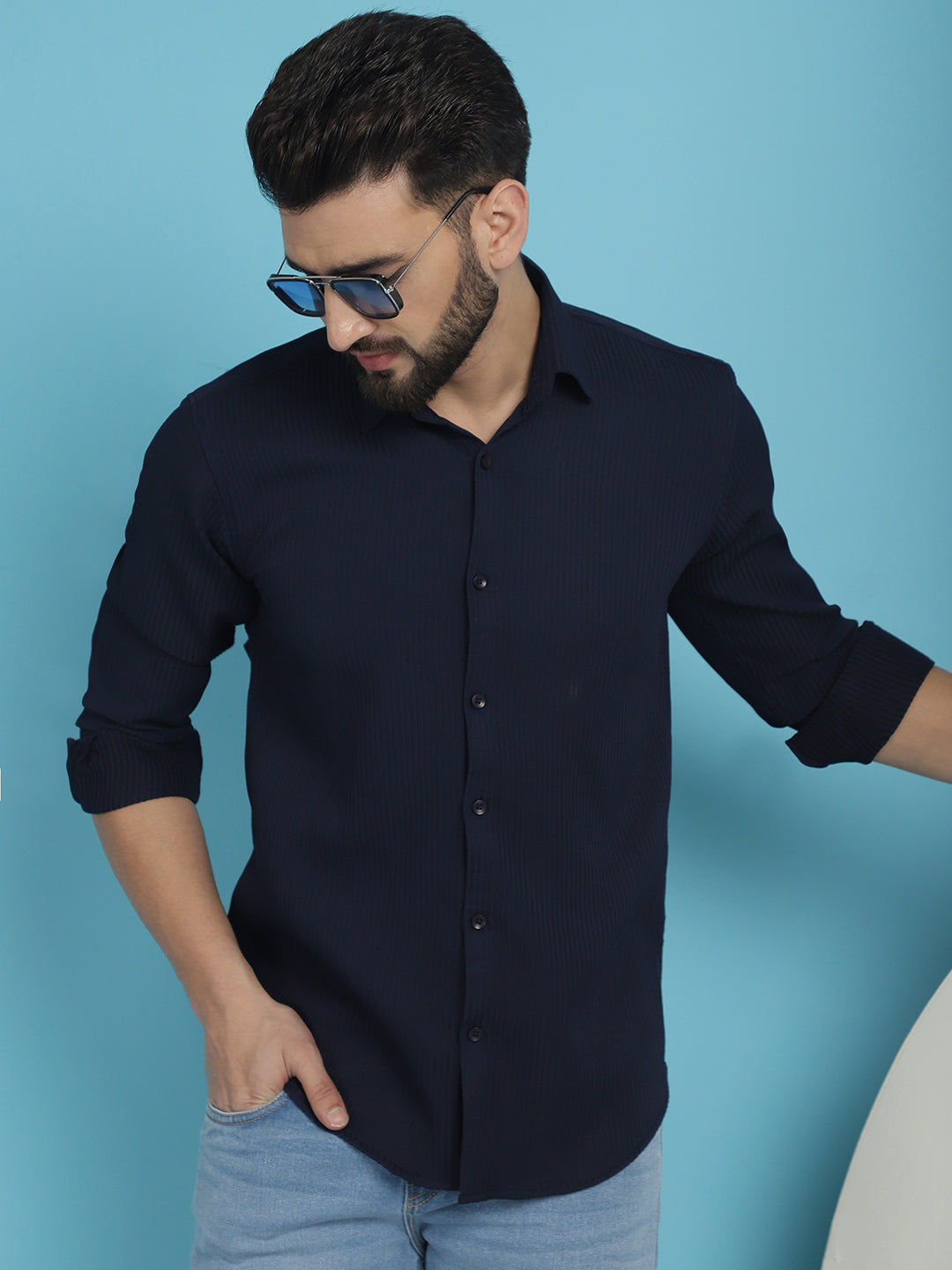Indian Needle Men's Striped Casual Shirt - Navy Blue | Swadesiicart