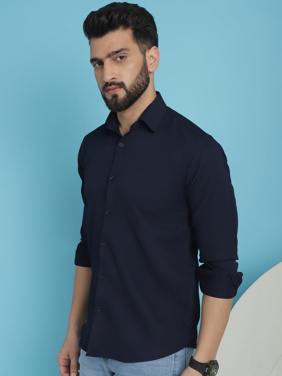 Indian Needle Men's Striped Casual Shirt - Navy Blue | Swadesiicart