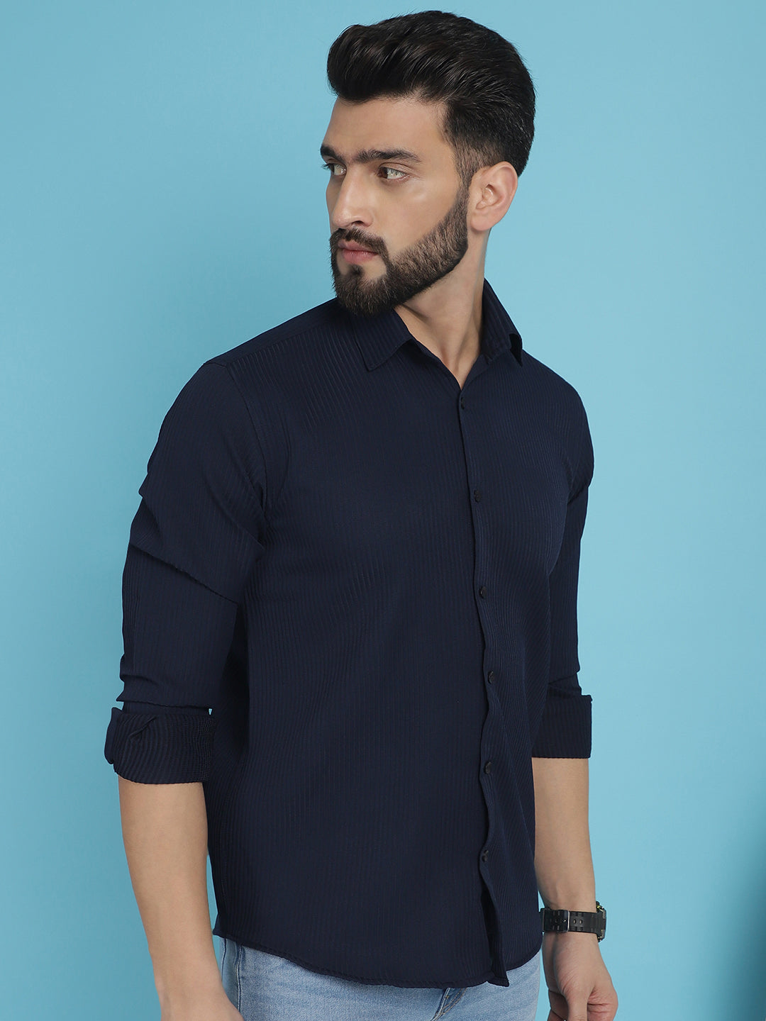 Indian Needle Men's Striped Casual Shirt - Navy Blue | Swadesiicart