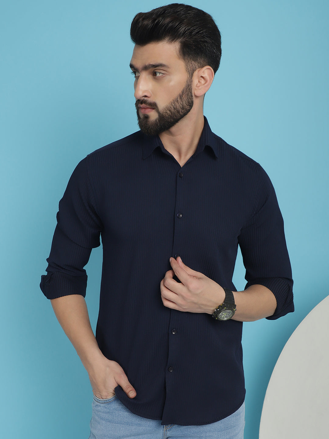 Indian Needle Men's Striped Casual Shirt - Navy Blue | Swadesiicart