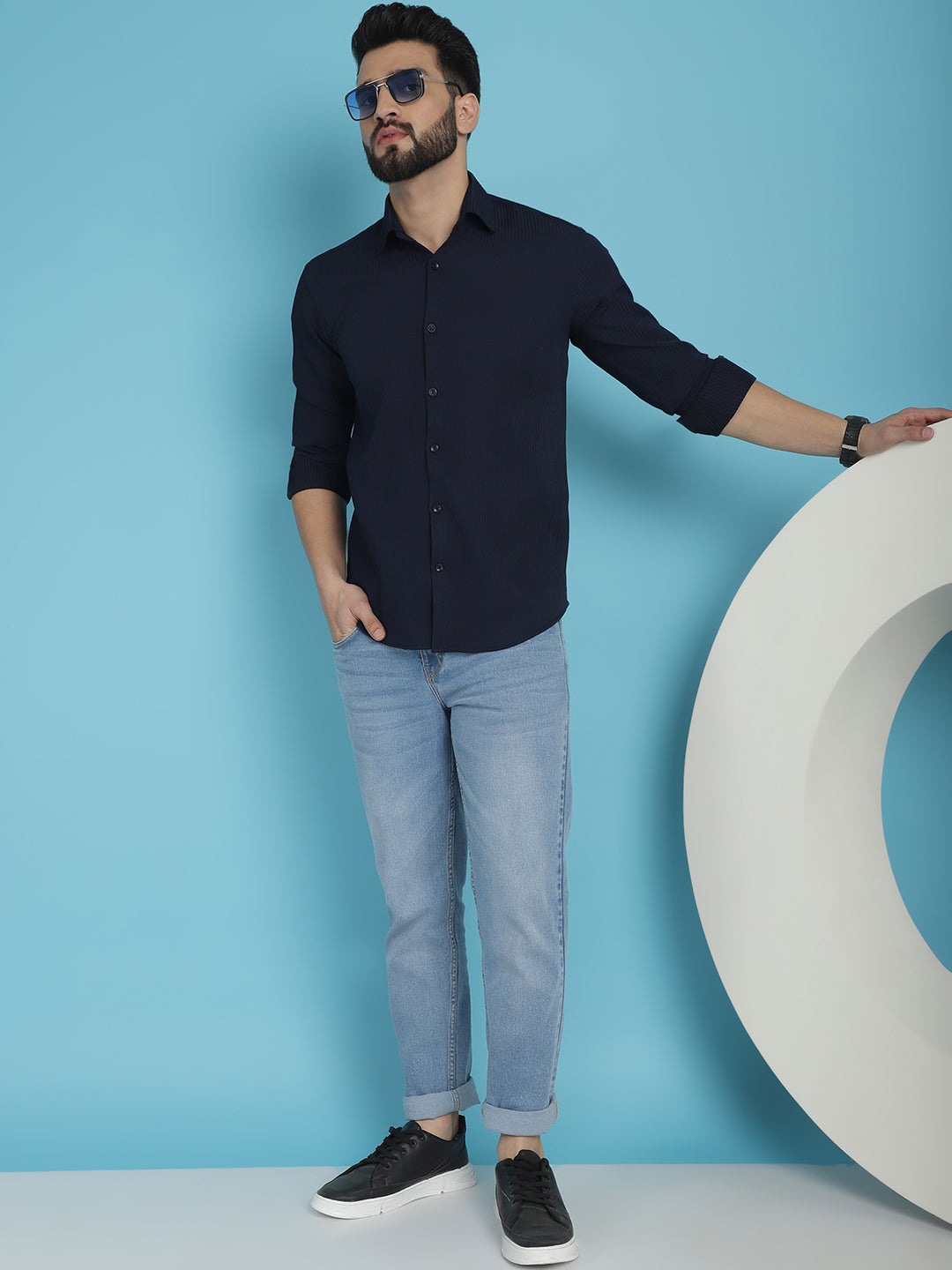 Indian Needle Men's Striped Casual Shirt - Navy Blue | Swadesiicart