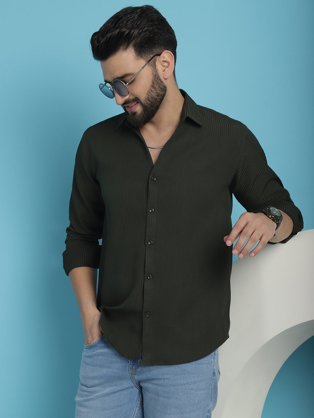 Indian Needle Men's Striped Casual Shirt - Olive | Swadesiicart