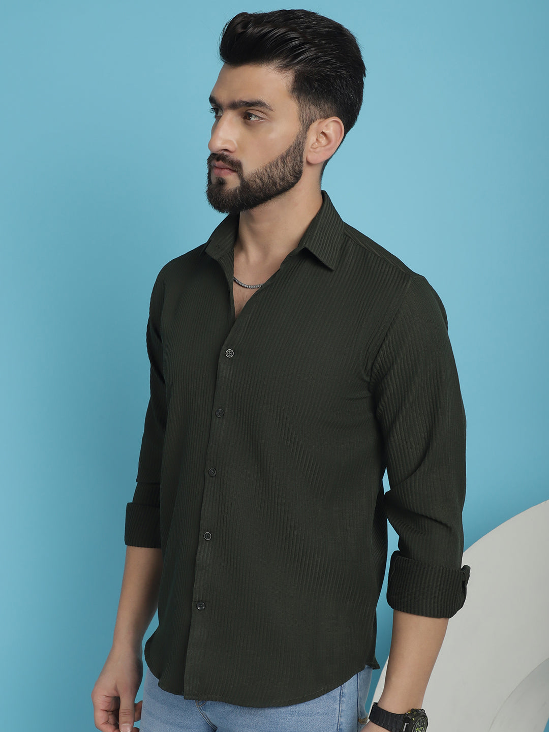 Indian Needle Men's Striped Casual Shirt - Olive | Swadesiicart