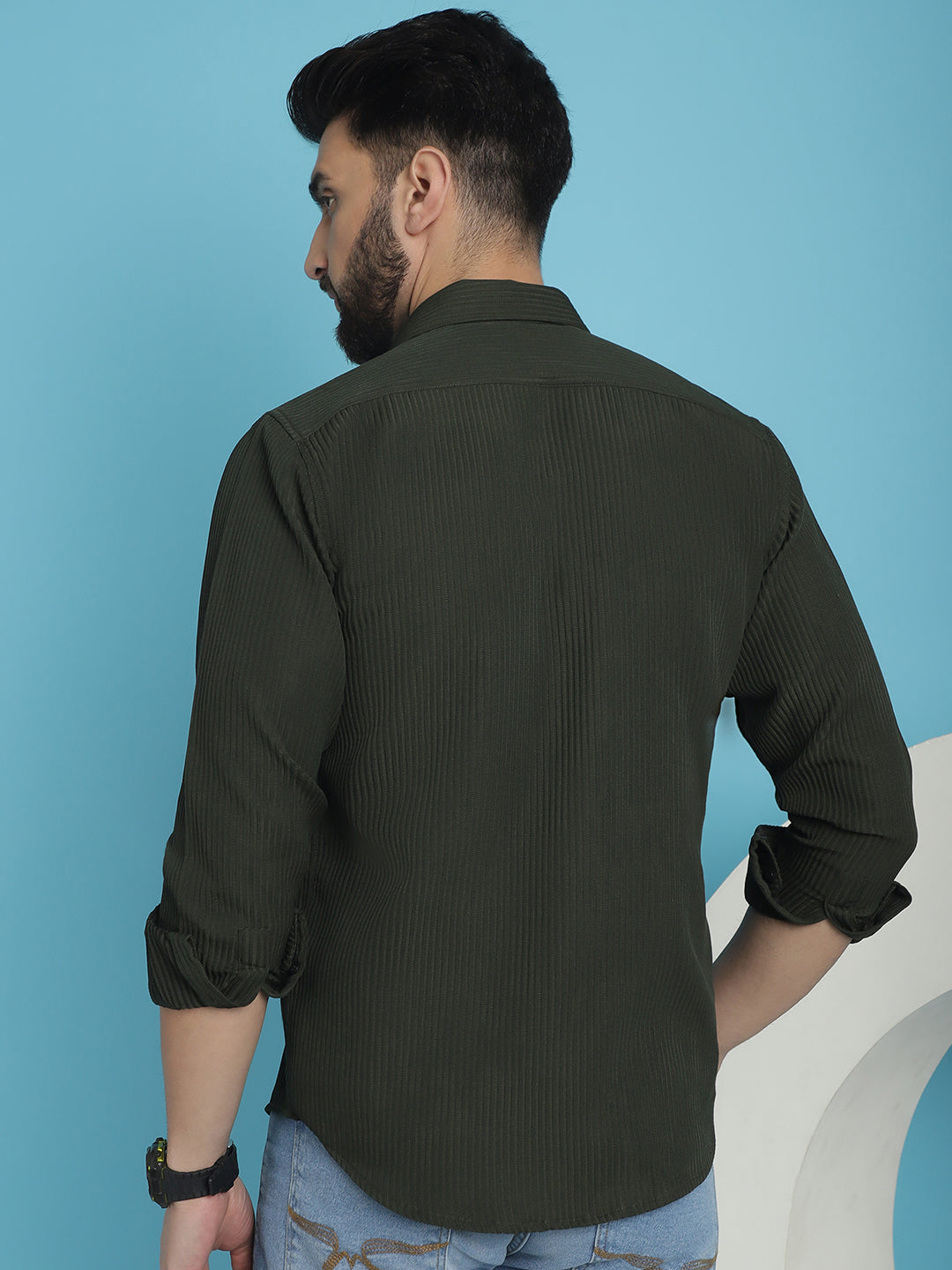 Indian Needle Men's Striped Casual Shirt - Olive | Swadesiicart