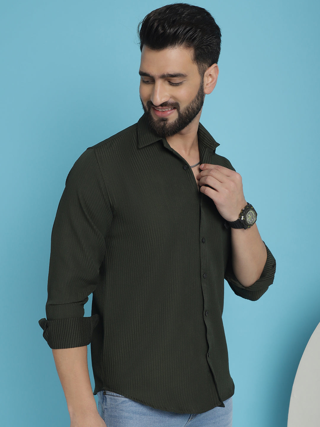 Indian Needle Men's Striped Casual Shirt - Olive | Swadesiicart