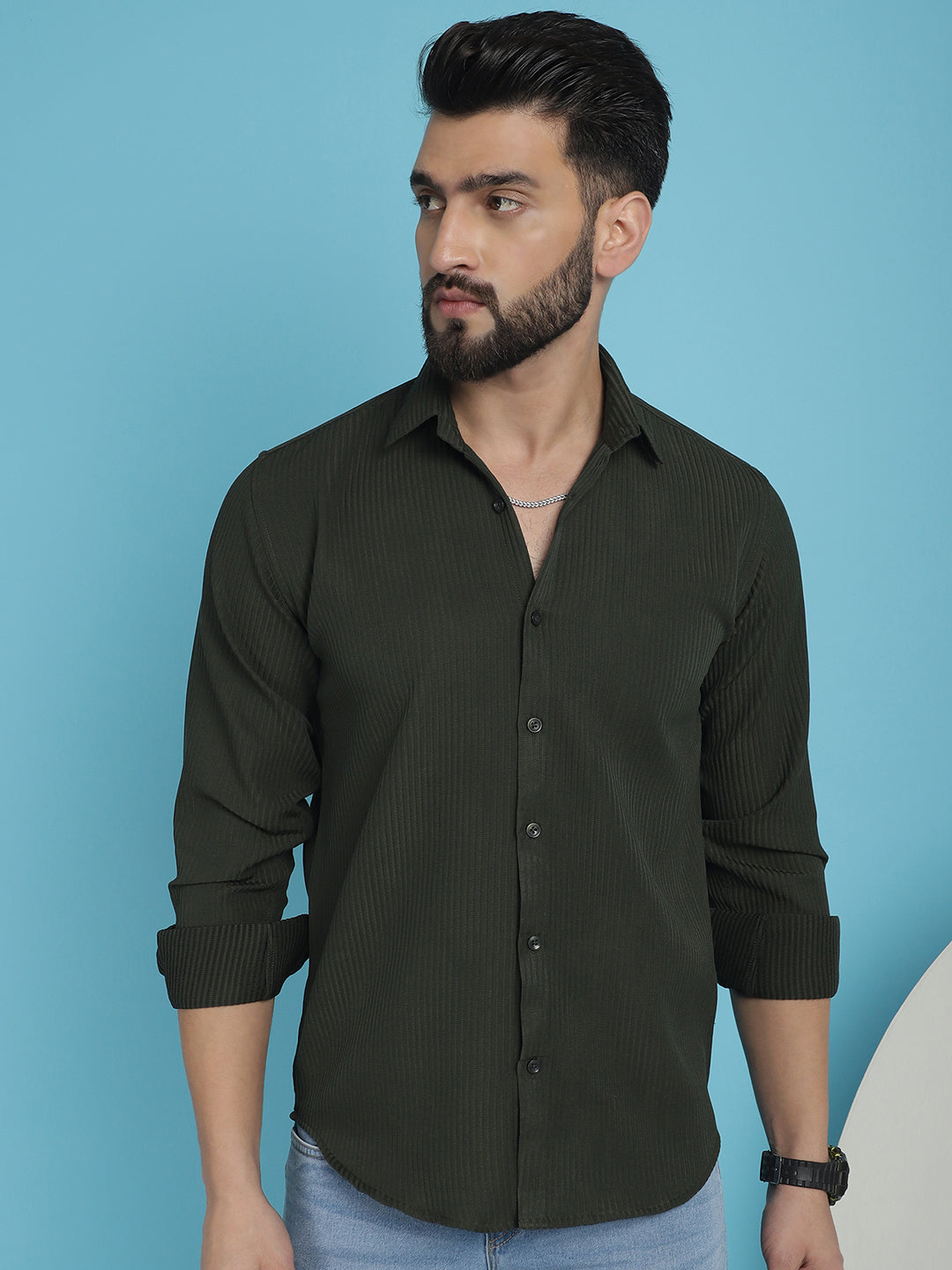 Indian Needle Men's Striped Casual Shirt - Olive | Swadesiicart
