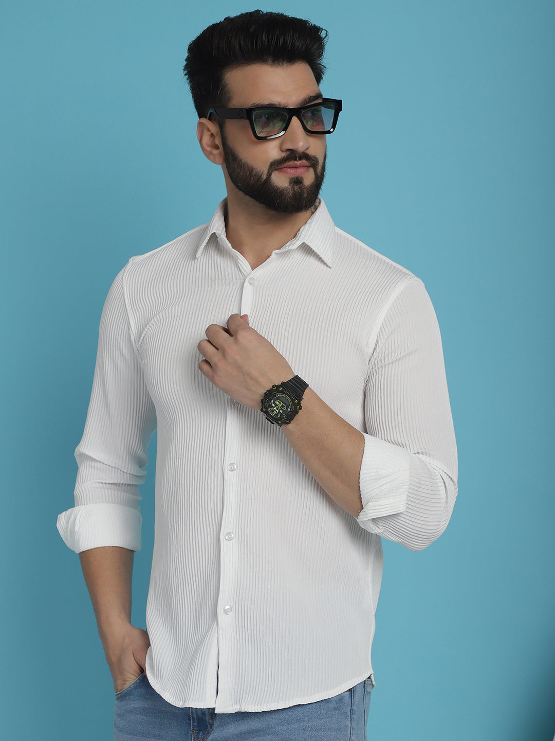 Indian Needle Men's Striped Casual Shirt - White | Swadesiicart