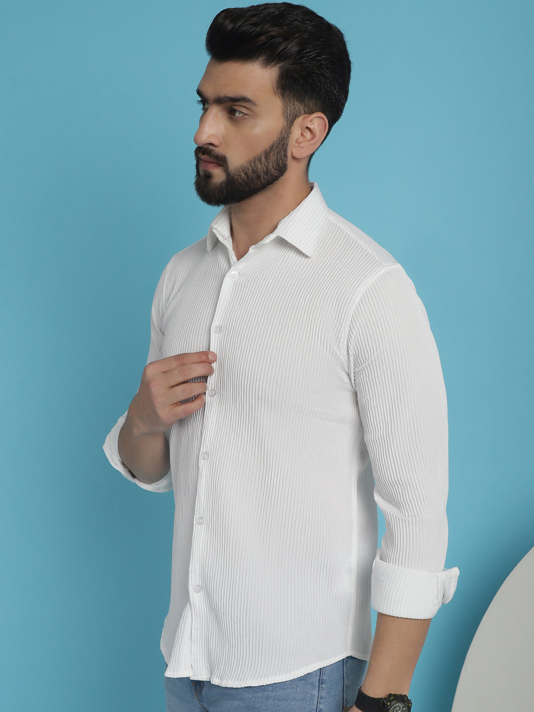 Indian Needle Men's Striped Casual Shirt - White | Swadesiicart