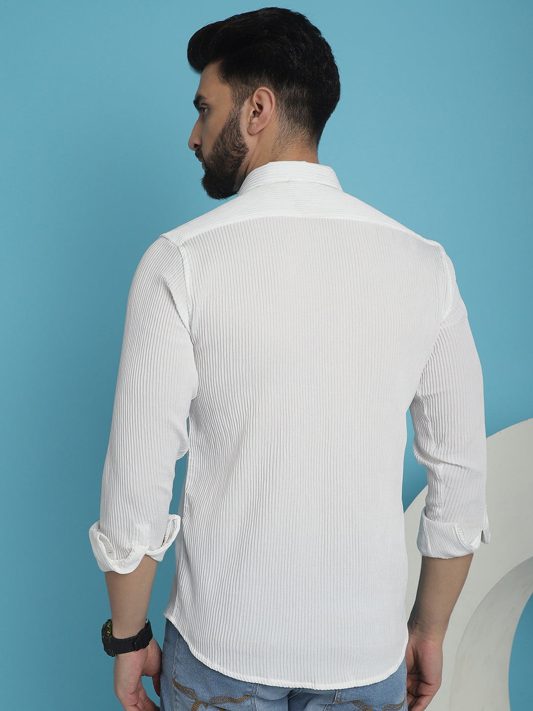 Indian Needle Men's Striped Casual Shirt - White | Swadesiicart