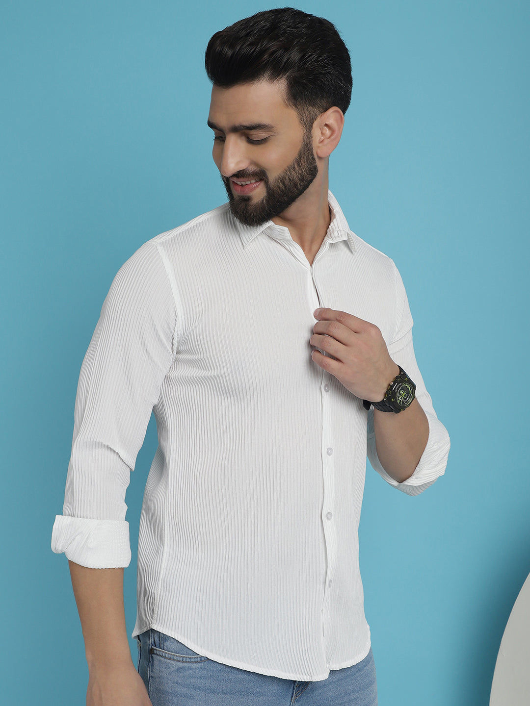 Indian Needle Men's Striped Casual Shirt - White | Swadesiicart