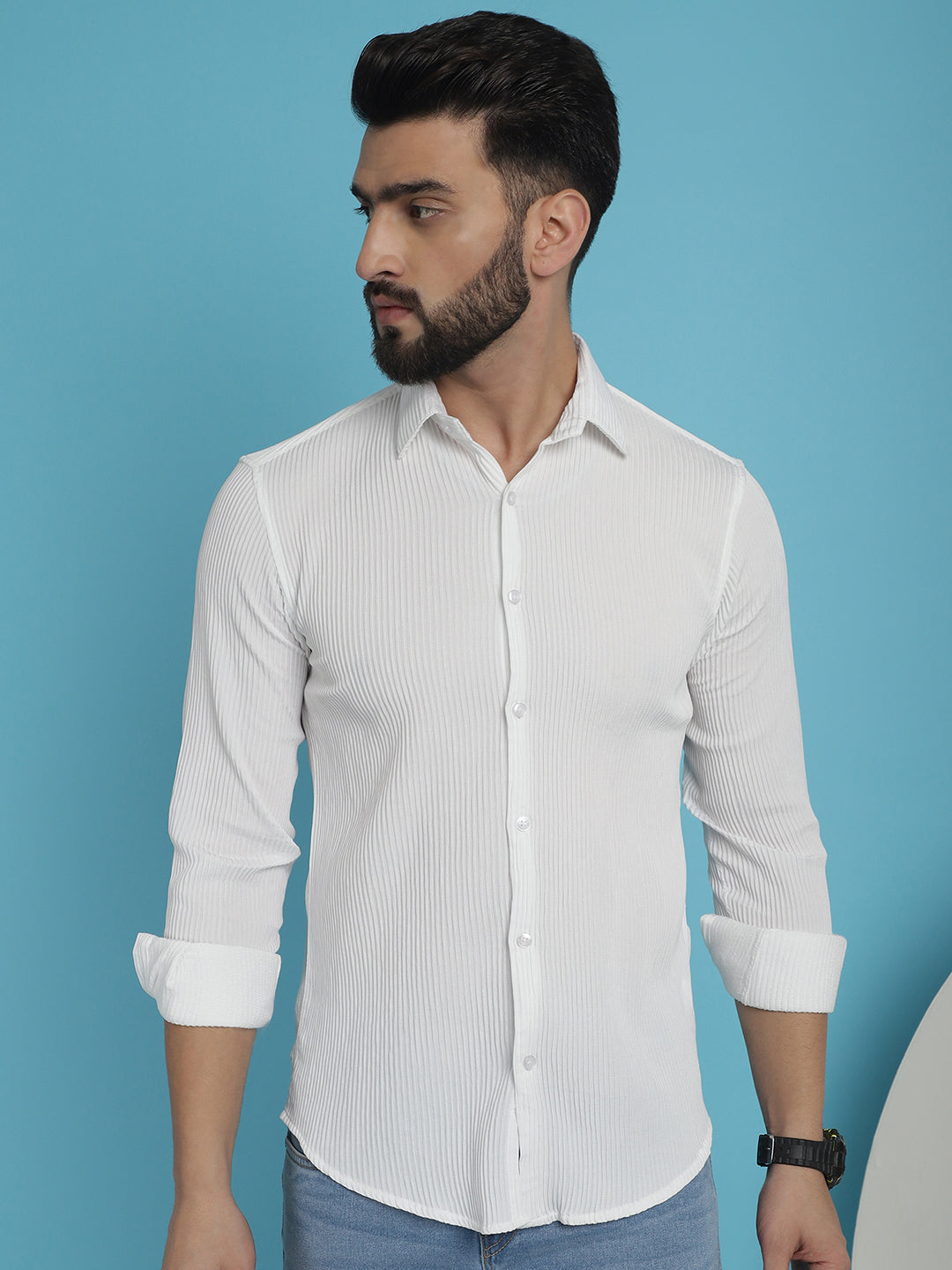 Indian Needle Men's Striped Casual Shirt - White | Swadesiicart