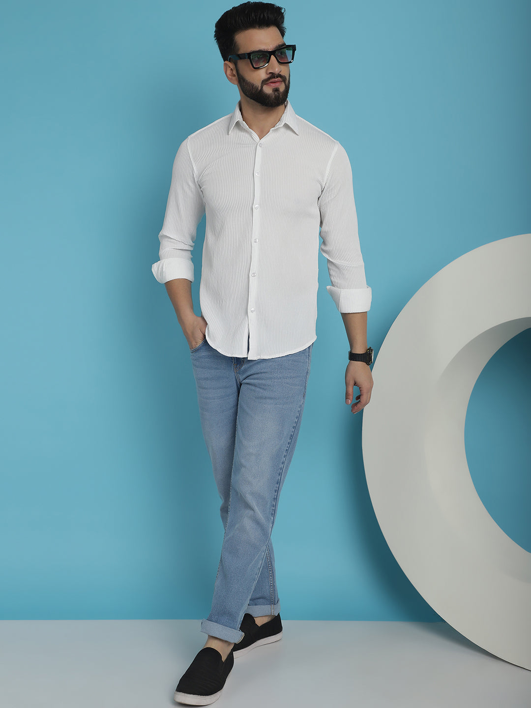 Indian Needle Men's Striped Casual Shirt - White | Swadesiicart