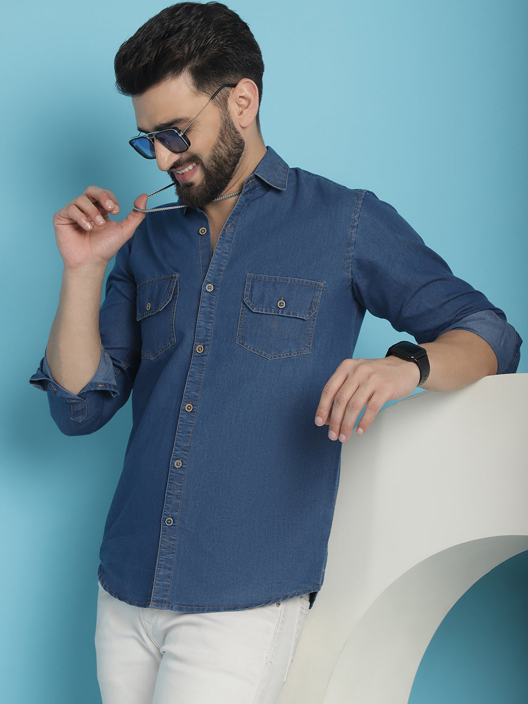 Indian Needle Men's Faded Cotton Denim Casual Shirt - Blue | Swadesiicart