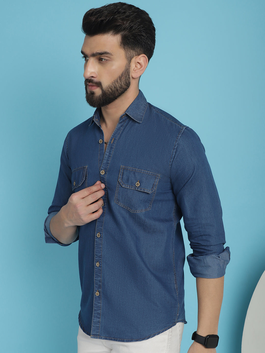 Indian Needle Men's Faded Cotton Denim Casual Shirt - Blue | Swadesiicart
