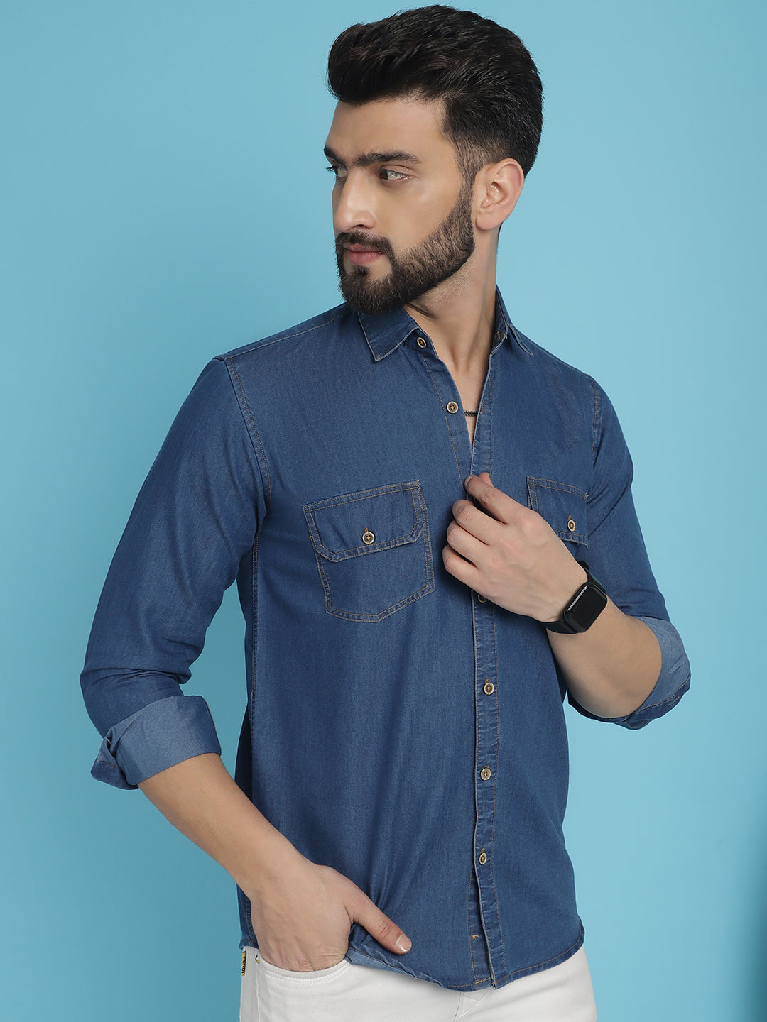 Indian Needle Men's Faded Cotton Denim Casual Shirt - Blue | Swadesiicart