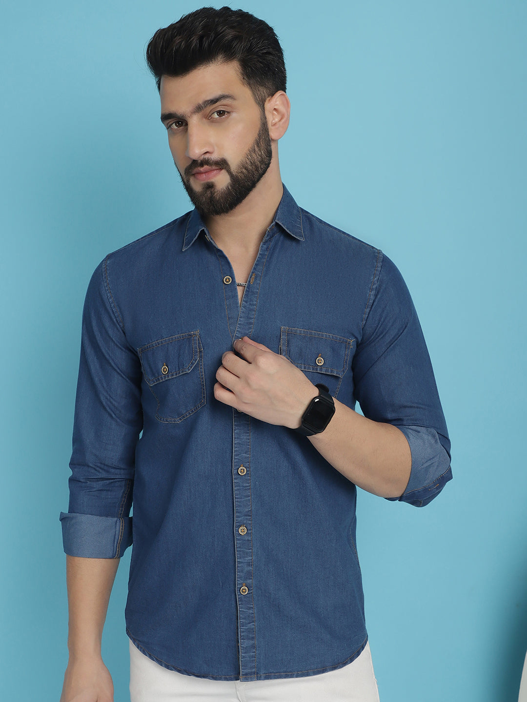 Indian Needle Men's Faded Cotton Denim Casual Shirt - Blue | Swadesiicart