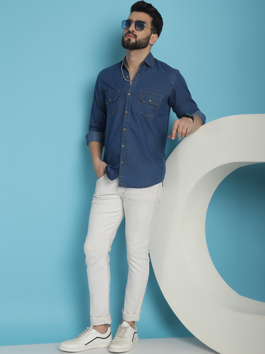 Indian Needle Men's Faded Cotton Denim Casual Shirt - Blue | Swadesiicart