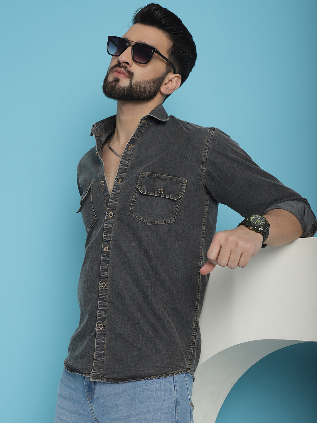 Indian Needle Men's Faded Cotton Denim Casual Shirt - Charcoal | Swadesiicart