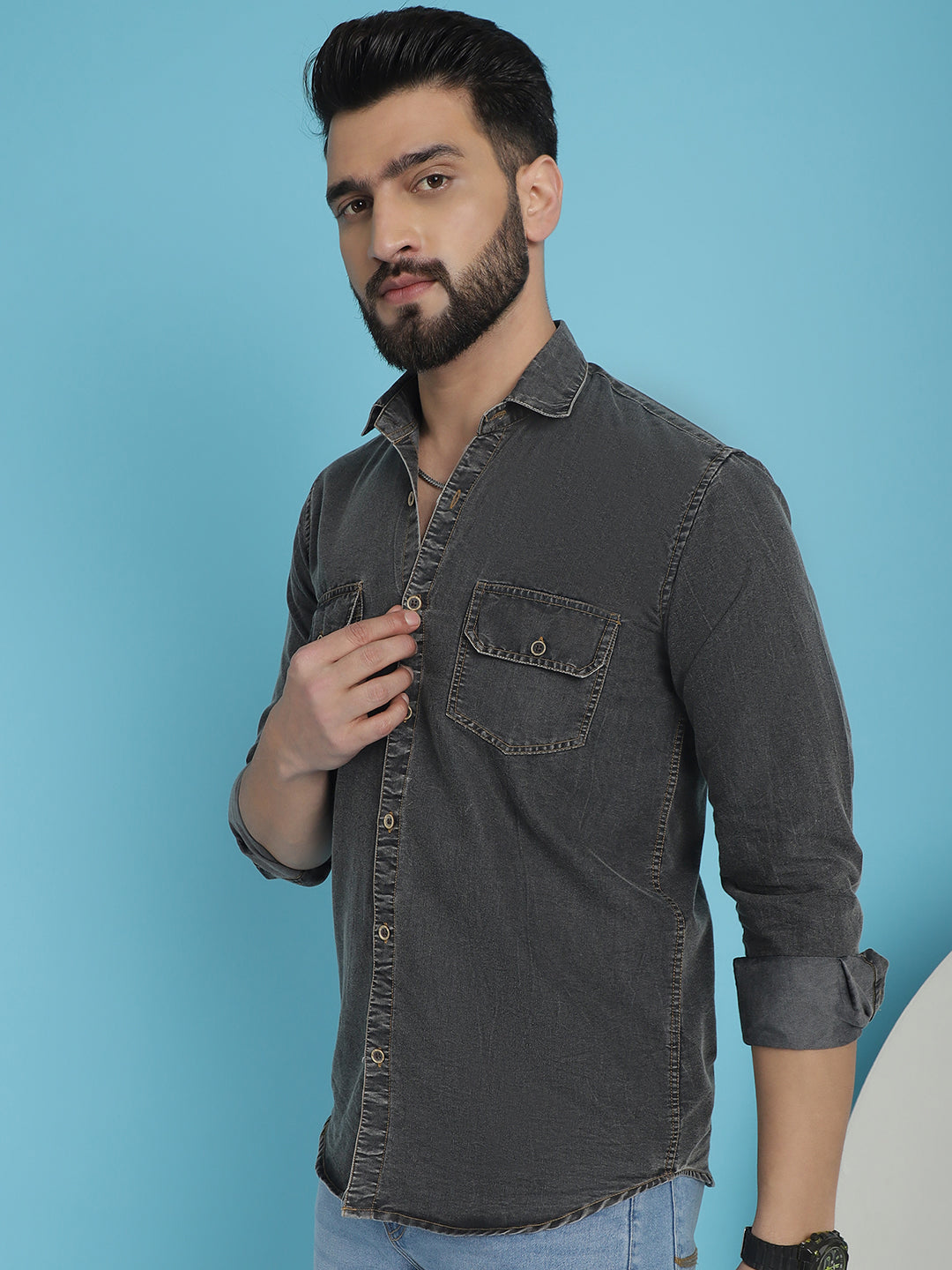 Indian Needle Men's Faded Cotton Denim Casual Shirt - Charcoal | Swadesiicart